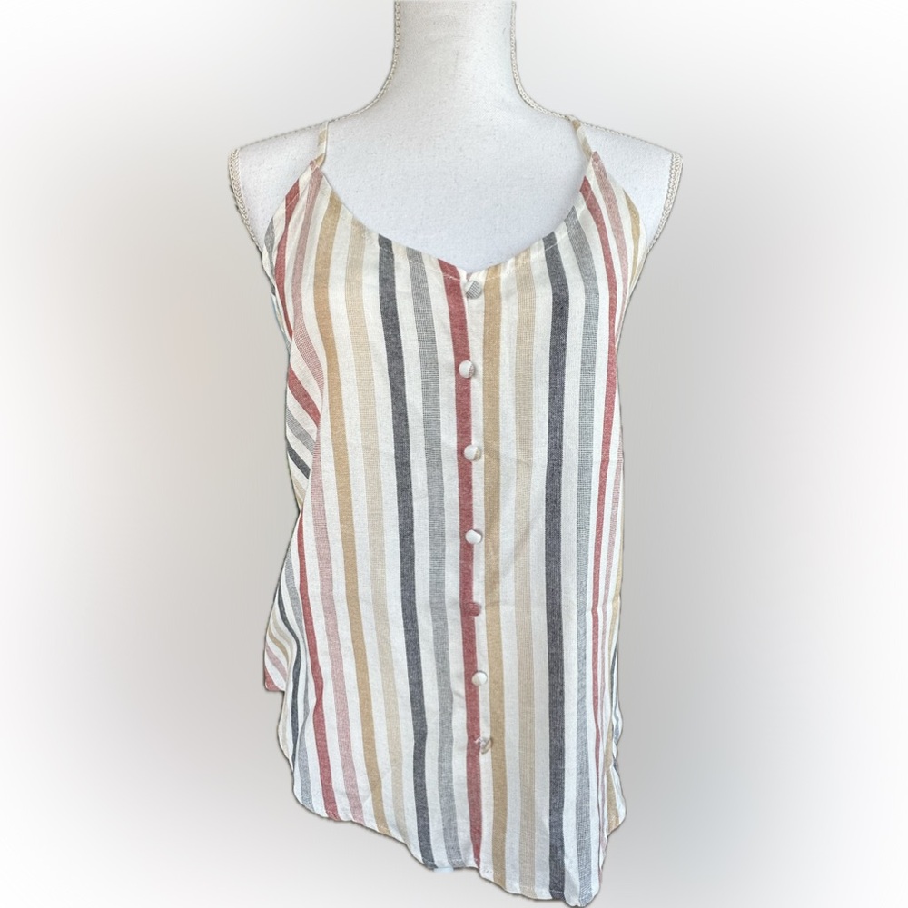 Striped rayon/cotton tank top with shank buttons